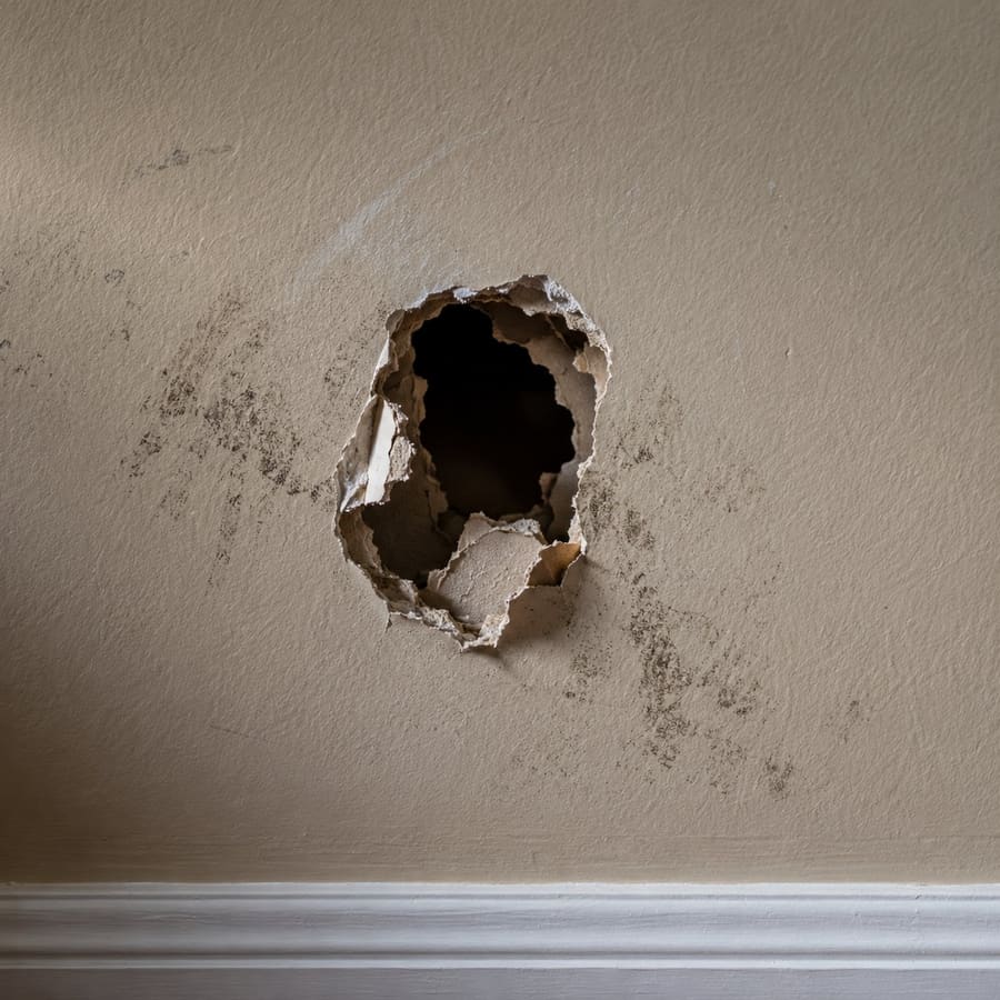 Drywall hole before repair
