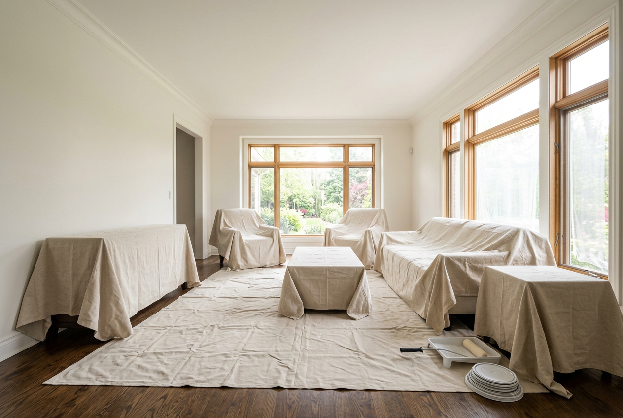 Furniture and floors covered with drop cloths