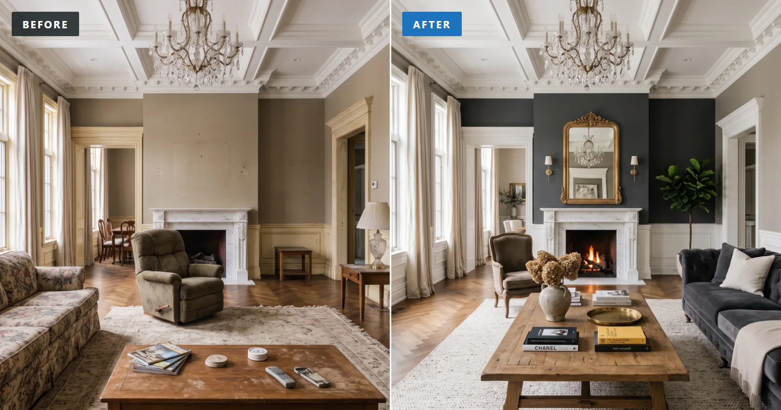 Grand living room before and after painting