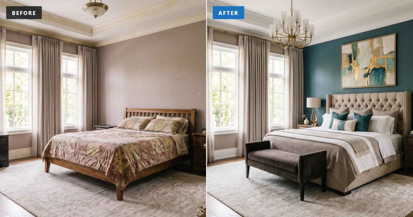 Primary bedroom before and after painting